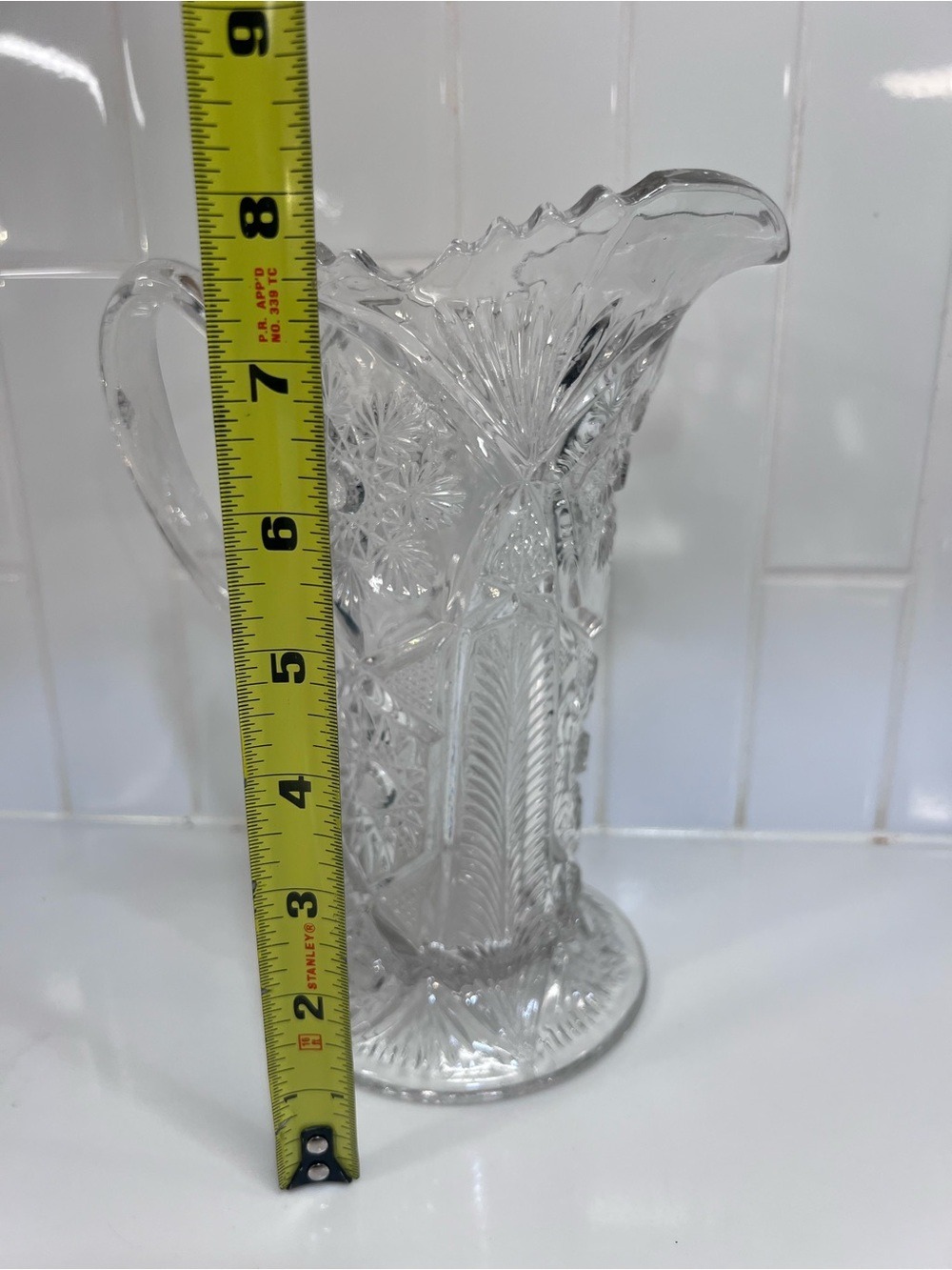 Vintage Pressed Glass 8.5" tall Brilliant Cut Starburst Sawtooth Edge Pitcher - Picture 2 of 10